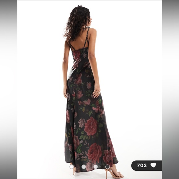 ASOS DESIGN satin buckle strap maxi dress with fuller skirt in black rose print - Picture 2 of 4
